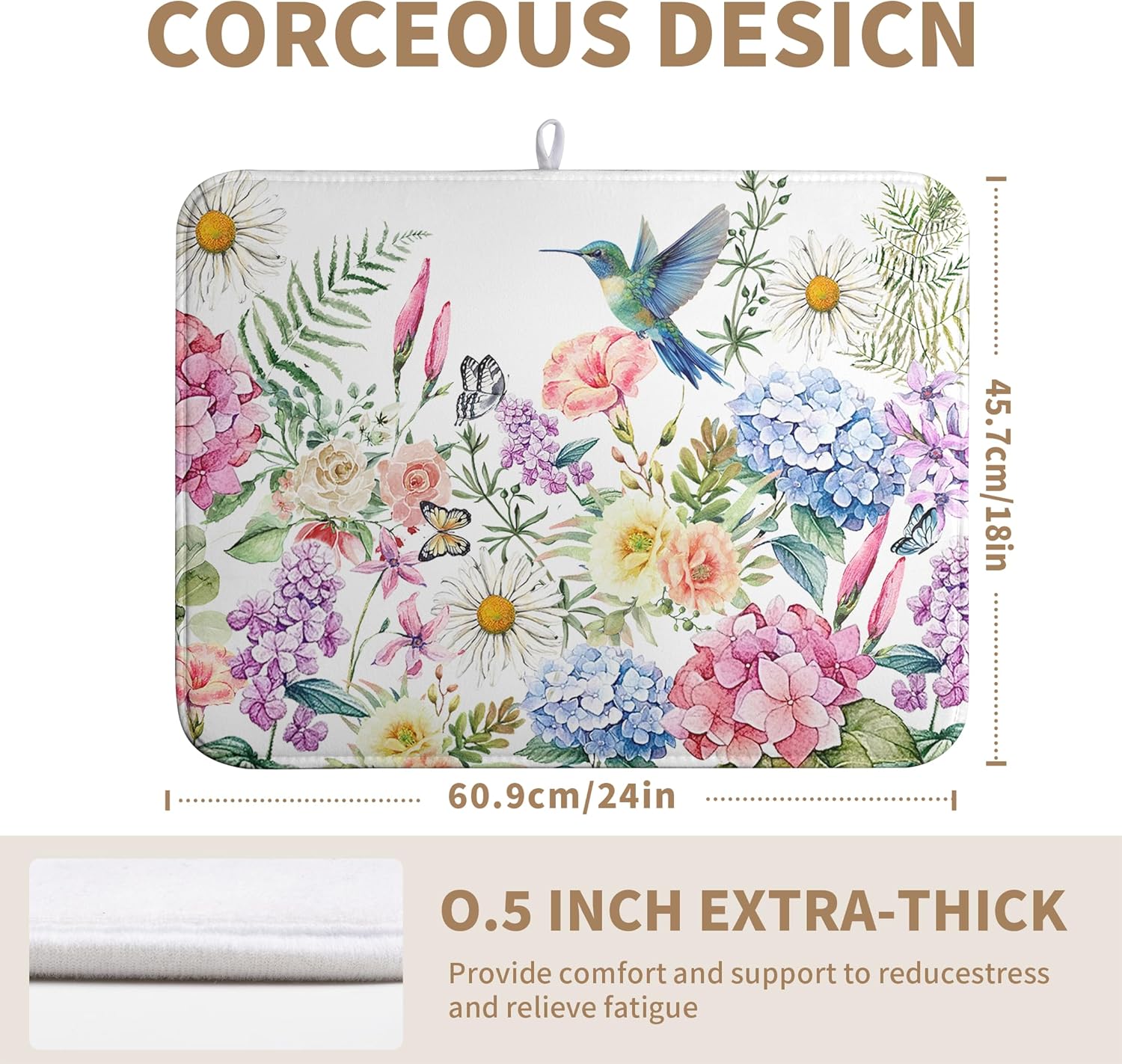 Spring Floral Birds Dish Drying Mat Summer Butterfly Flowers Kitchen Dish Drying Pad Daisy Absorbent Dish Dryer Mat for Kitchen Countertops Microfiber Dishes Drainer Pad (18x24 in)