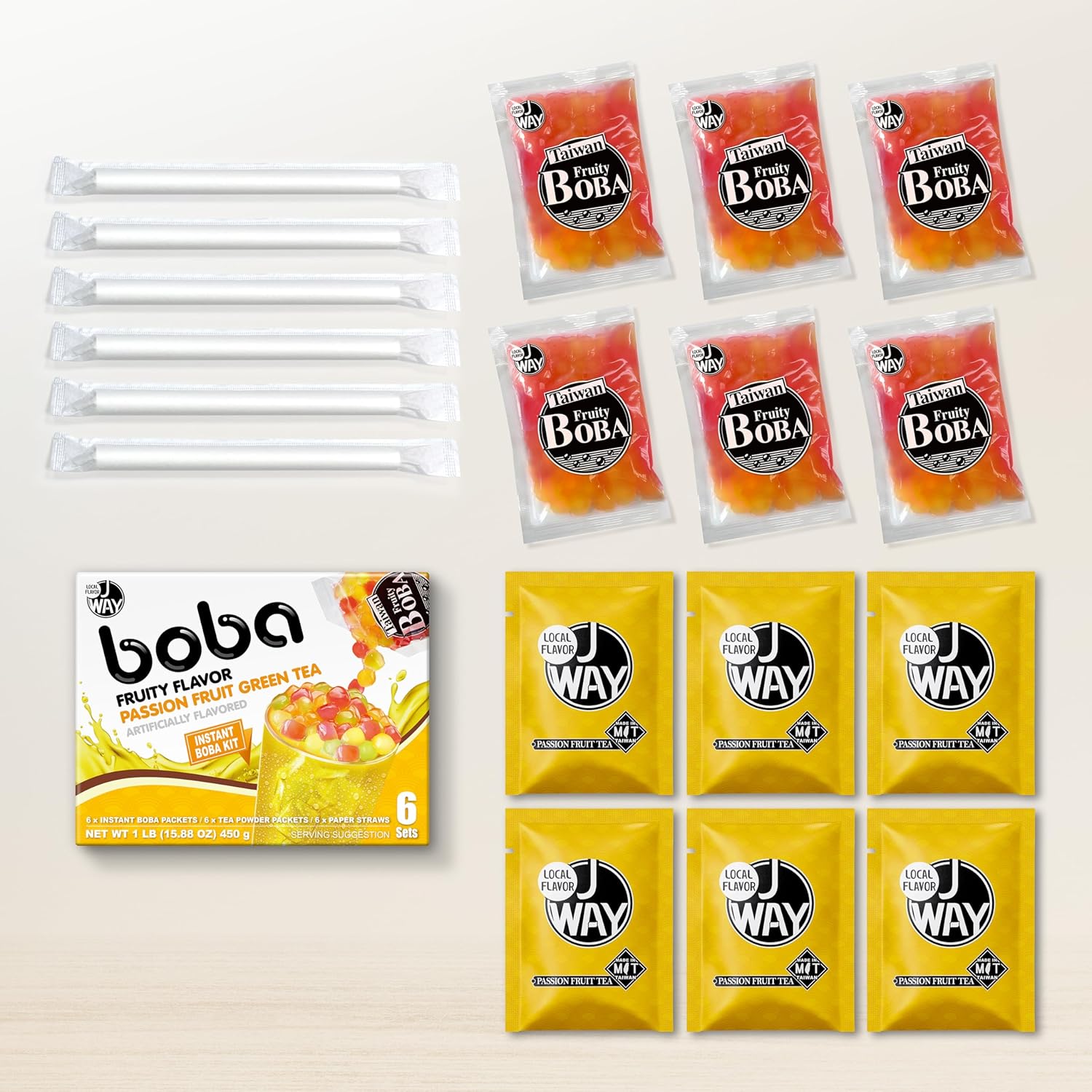 J WAY Instant Passionfruit Pineapple Green Tea Kit with Authentic Fruity Colorful Tapioca Boba, Ready in Under One Minute, Paper Straws Included - 6 Servings