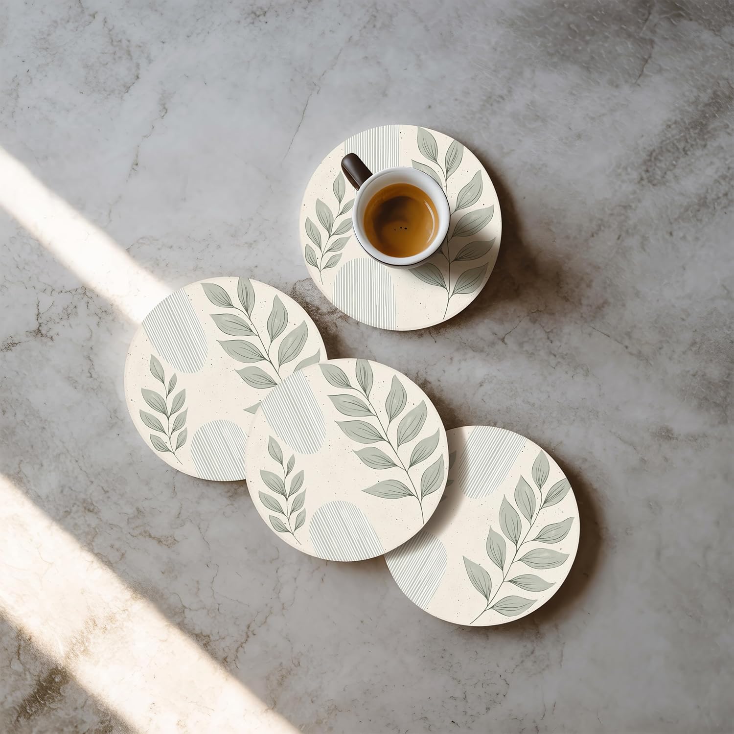 VEYRO Coasters Set of 4 for Drinks – Absorbent Ceramic Stone Drink Coasters with Cork Backing for Coffee Table & Desk, Modern Boho Look Cup Coaster Set, Housewarming Gift for New Home