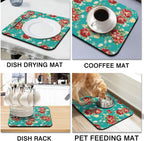 Rubber Dish Drying Mat for Kitchen Counter Large Boho Flowers Washable Quick Home Coffee Pad Fit Under Sink,Bar,Utensils 16x18in