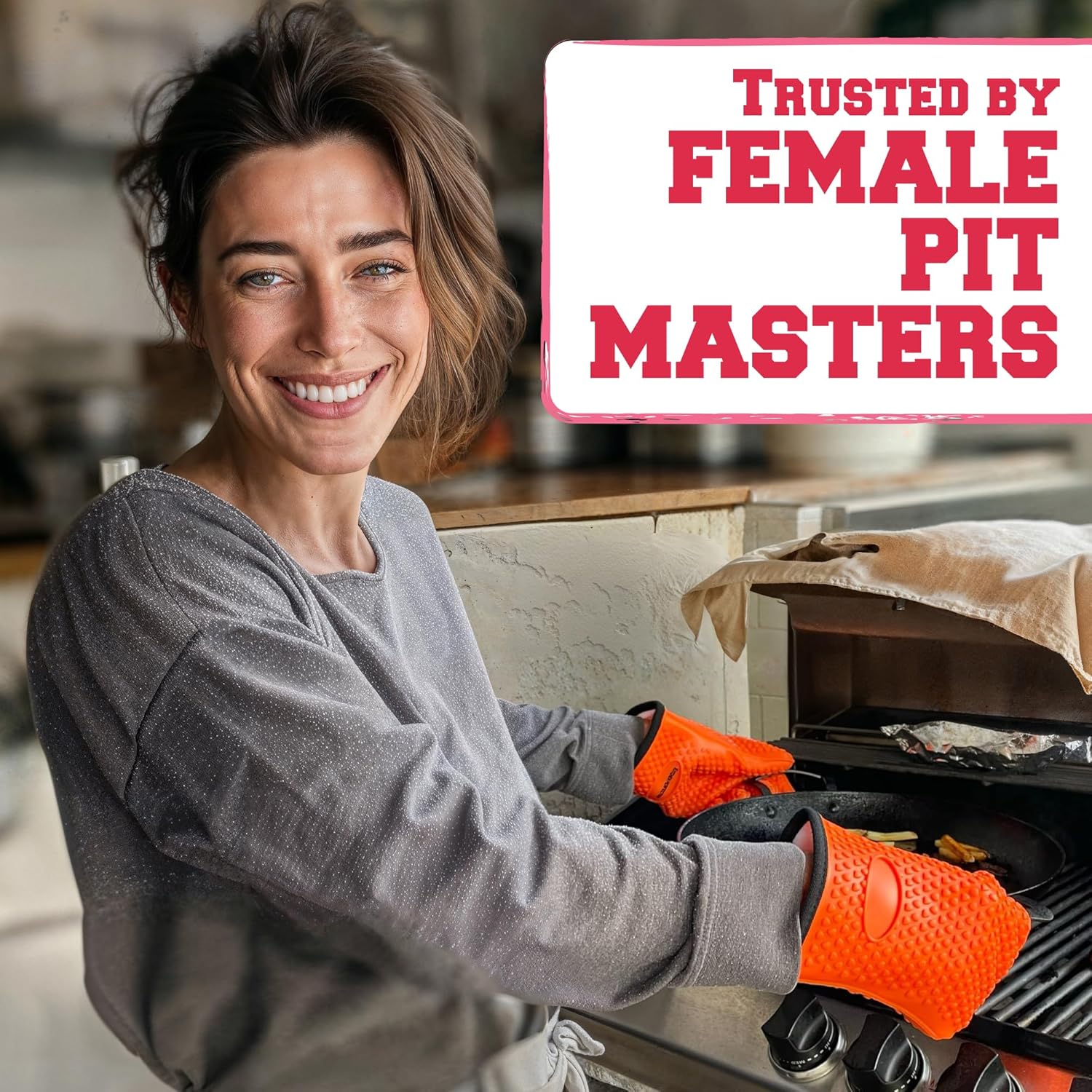 KITCHEN PERFECTION Silicone Smoker Oven Gloves For Women -Extreme Heat Resistant BBQ Gloves -Handle Hot Food Right on Your Smoker Grill Fryer|Waterproof Oven Mitts Grill Gloves |Superior Set+3 Bonuses