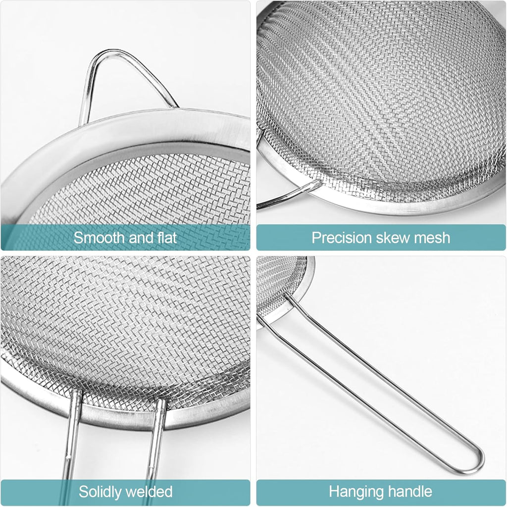 3 Pack Fine Mesh Strainer, Small Stainless Steel Sieves with Handles, for Steeping Loose Leaf Tea, Straining Cocktail, Juice and Sifting Flour, Powdered Sugar