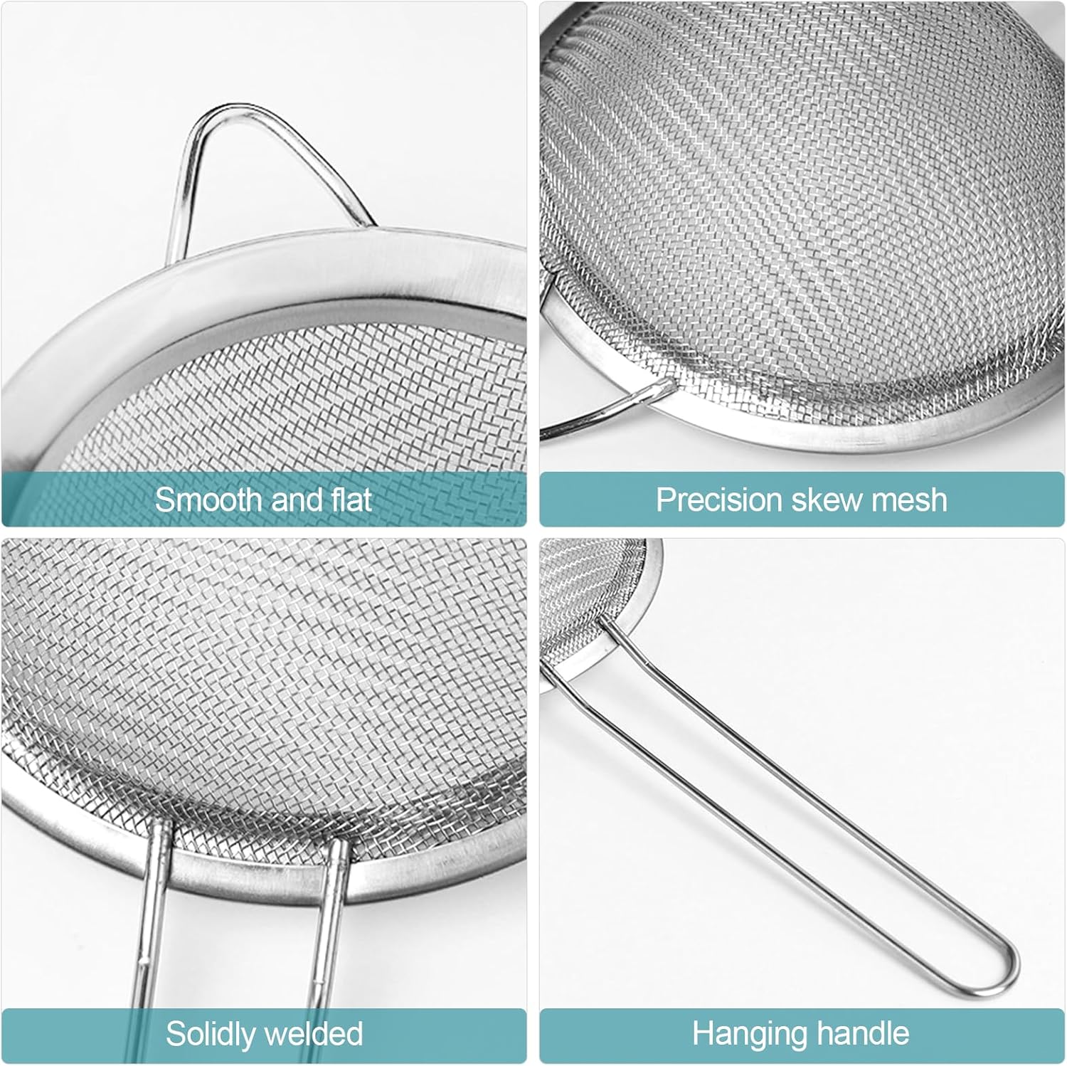 3 Pack Fine Mesh Strainer, Small Stainless Steel Sieves with Handles, for Steeping Loose Leaf Tea, Straining Cocktail, Juice and Sifting Flour, Powdered Sugar