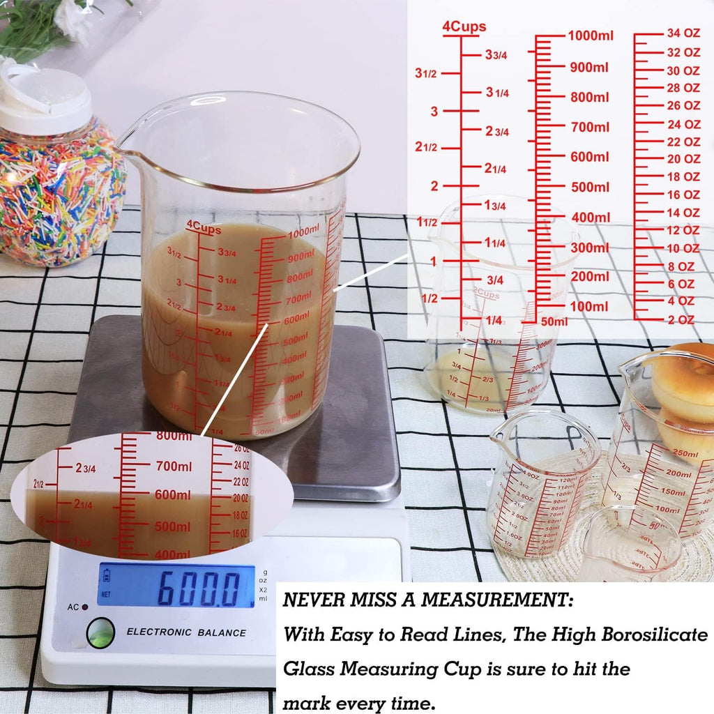 3 Piece Glass Measuring Cup Set, Includes 2-Cup, 4-Cup, and 8-Cup High Borosilicate Glasss Liquid Measuring Cups, Dishwasher, Freezer, Microwave, and Preheated Oven Safe, Essential Kitchen Tools