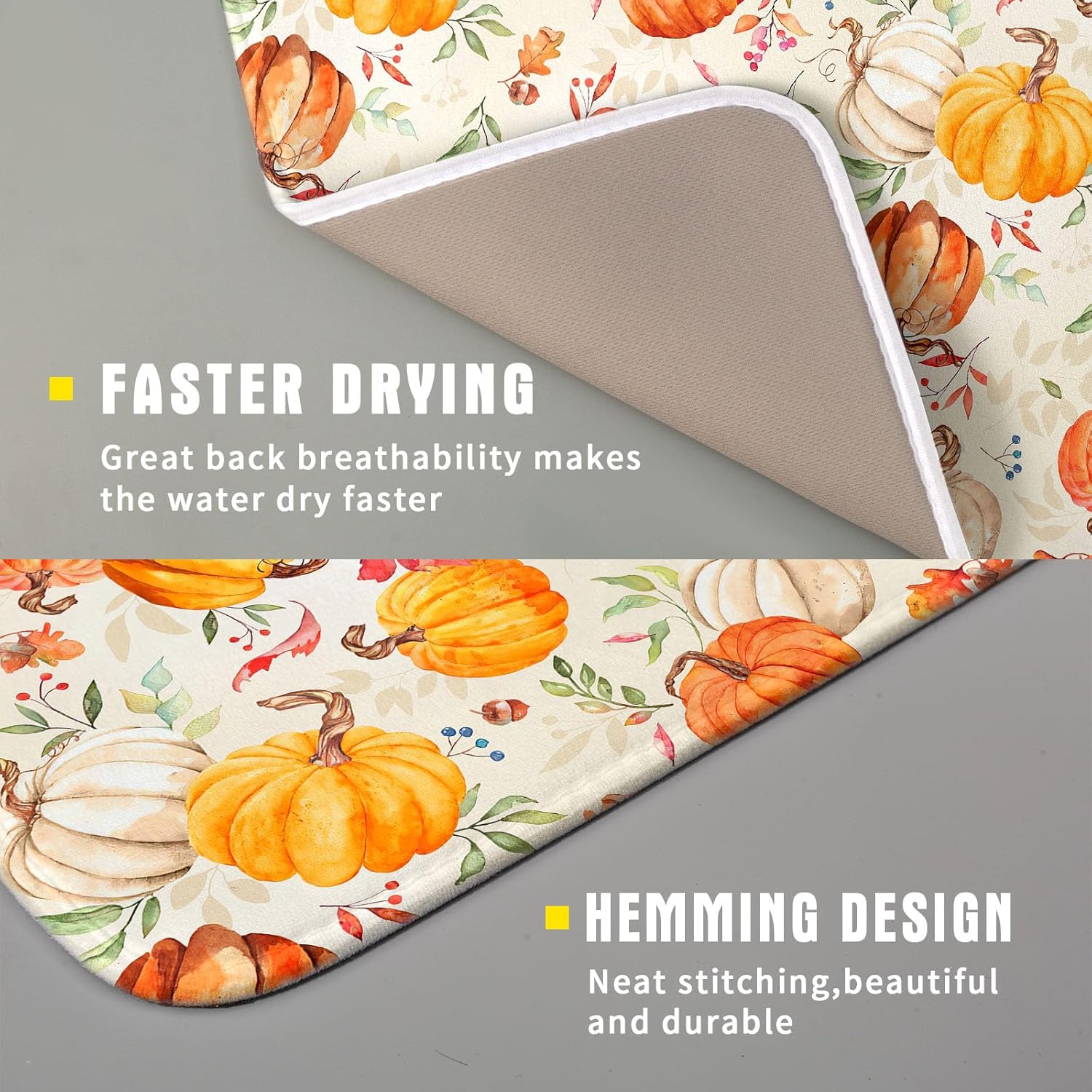 Autumn Fall Dish Drying Mat for Kitchen Counter Watercolor Pumpkin Maple Leaves Drying Mat 16 x 18 Inch with Absorbent Reversible Microfiber Dish Drying Pad Dish Rack Drainer Mat for Coffee Bar