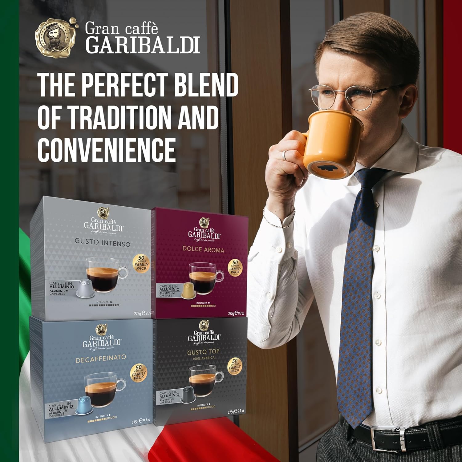 Gran Caffè Garibaldi Espresso Pods, Italian Roasted Compatible Nespresso Original Line Machines, 100% Arabica Blend, Brazilian & Central American Beans, Cocoa Aroma - Gusto Top (Aluminum) 50 Cups