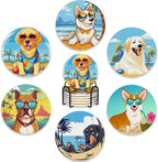 Drink Coasters Set of 6 with Holder,Cute Dachshund Husky Dog Absorbent Ceramic Coasters with Cork Base,Fit All Cups,Tabletop Protection Mat for Mugs and Cups,Office,Kitchen