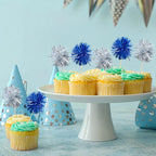 Ephlyn 30Pcs Foil Firework Cupcake Toppers Party Birthday Cake Toppers Supplies Sparkle Tinsel Cocktail Fruit Toothpick for Birthday Wedding Graduation Party Supplies Dark Blue Silver