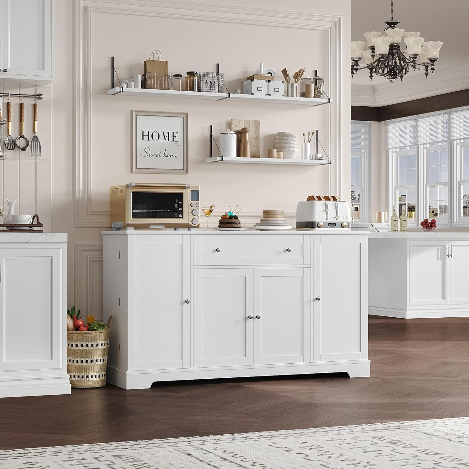 HITHOS 54" Buffet Cabinet with Storage, Modern Kitchen Buffet Sideboard with Drawer, Wood Coffee Bar Station with Adjustable Shelves, Kitchen Storage Cabinet for Living Room, White