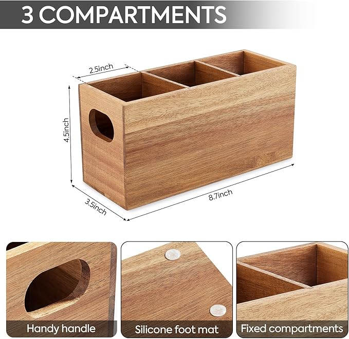 Acacia Wooden Silverware Holder,Kitchen Utensil Caddy with 3 Compartments,Cutlery Storage Organizer Countertop,Flatware Organizer for Party,Spoon, Fork Holder
