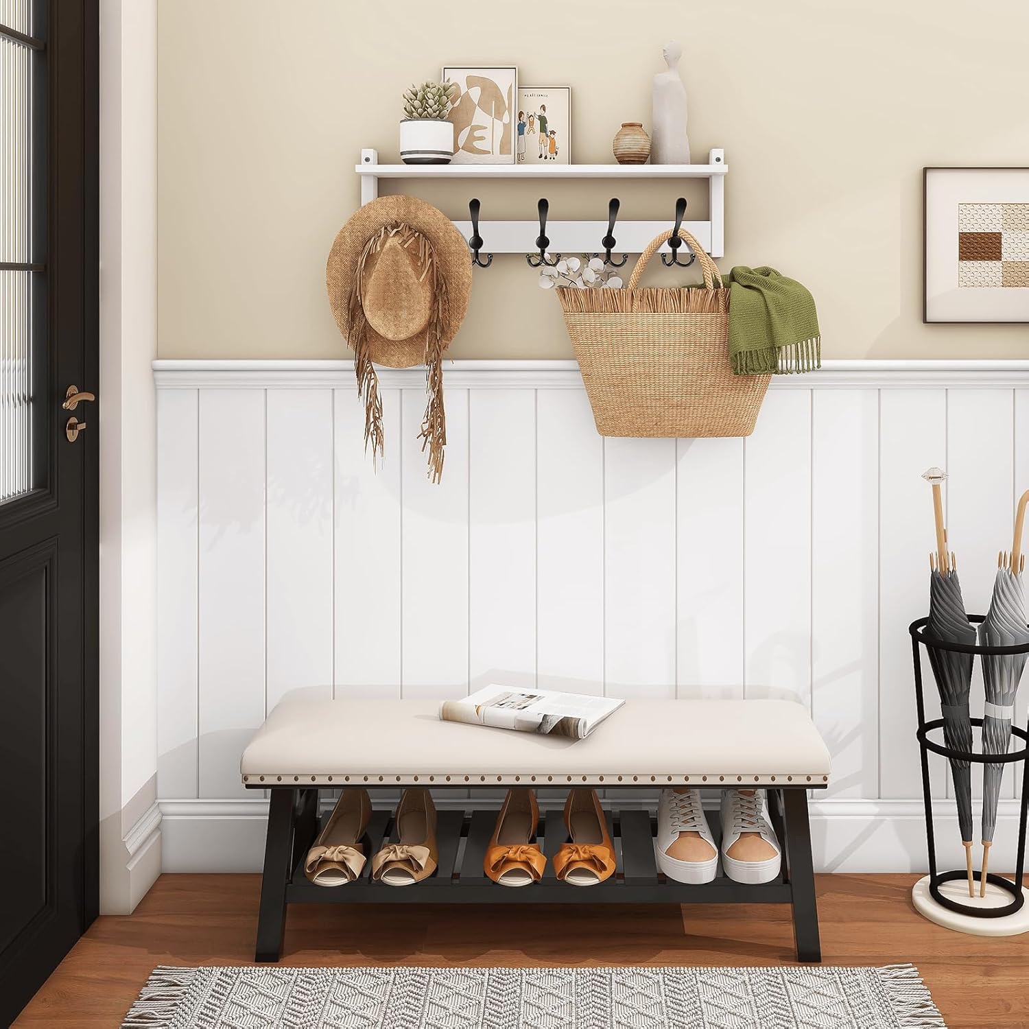 Homode Wall Shelf with Hooks, 24 Inch Coat Rack with Tri Hooks, Farmhouse Entryway Floating Coat Hanger with Storage for Bathroom, Entry Way, Mudroom, White