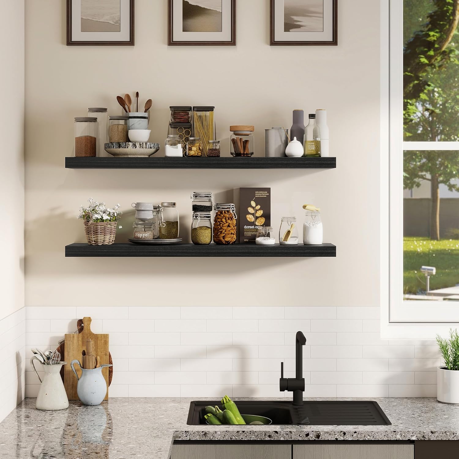 Fun Memories Rustic Real Wood Floating Shelves, 8 Inch Deep Floating Shelf Wall Mounted, 36" W x 8" D Wall Shelves Storage Shelves for Living Room, Bedroom, Bathroom, Black Finish, Set of 2