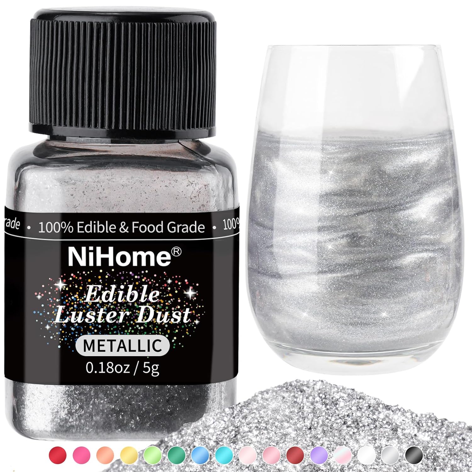 NiHome Edible Food-Grade Glimmer Powder Glitter Luster Dust Food Decorating Sprinkle Dust for Drink Wine Beverage Cake Candy Dessert Home Bakery Restaurant Vegan Allergen-Free (0.18oz/5g, Metallic)
