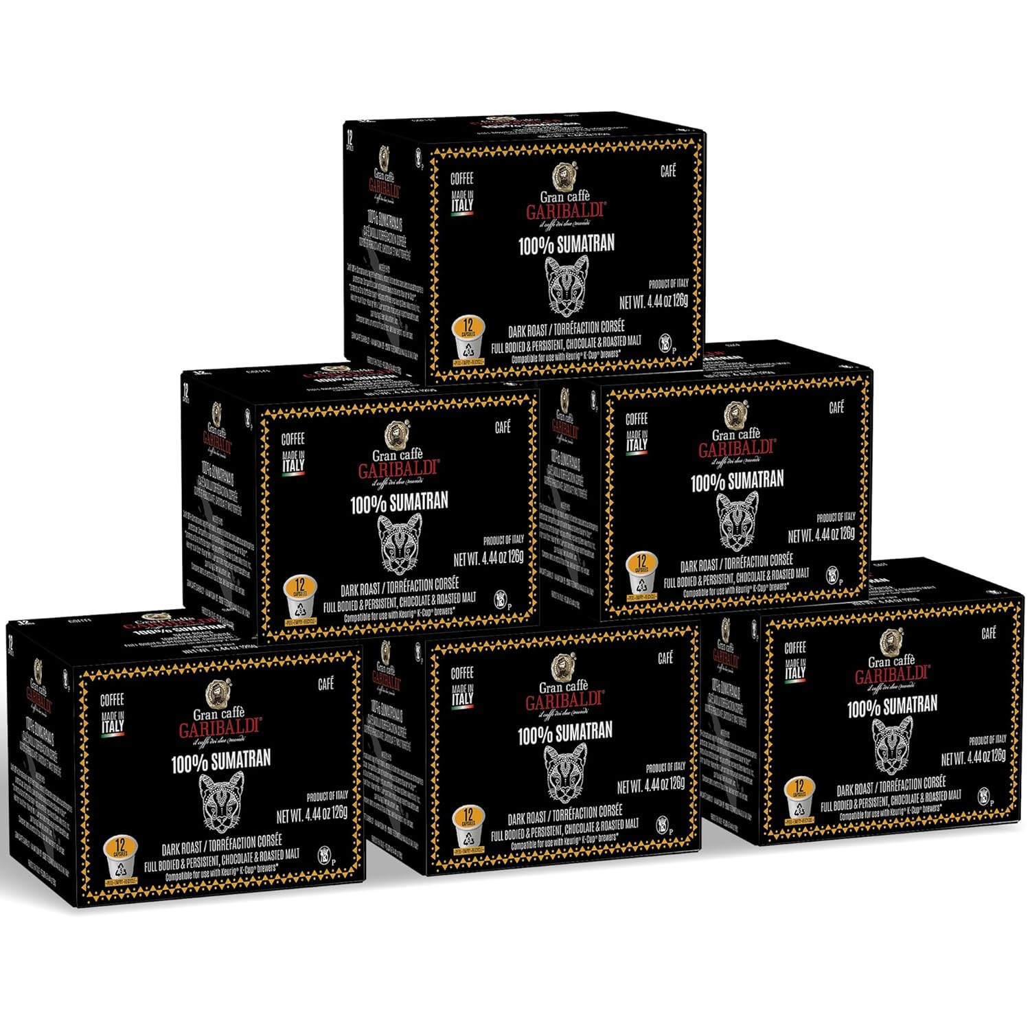 Caffè Garibaldi Sumatran Coffee Pods, Single-Serve Capsules for Keurig K-Cup Brewers with 100% Arabica Blend, Recyclable Pod and Single Serve Cups, 72 Count K-Pods - Dark Roast