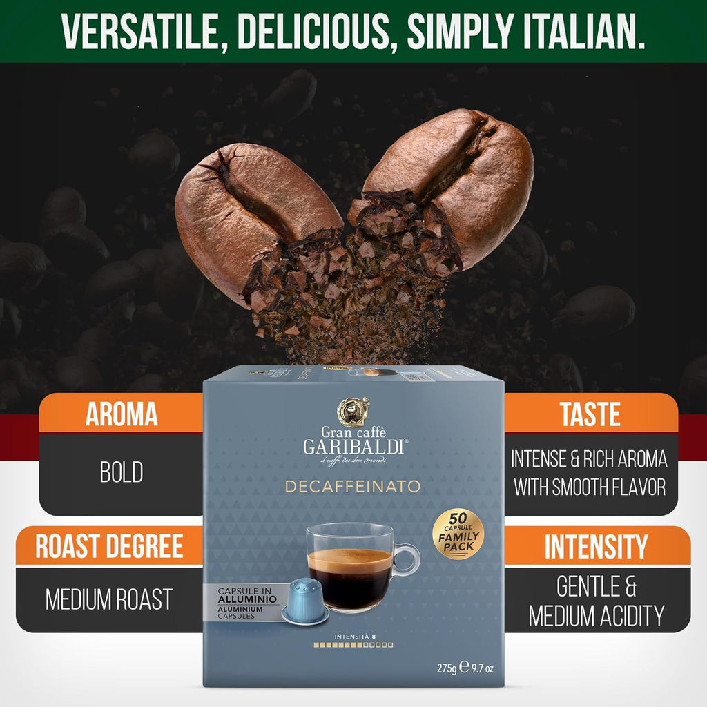 Gran Caffè Garibaldi Decaffeinated Espresso Pods, Italian Roast Coffee, Decaf Capsules Compatible with Nespresso Original Line Machines, Nitrogen Flushed, Intense & Rich Aroma - Decaffeinato (Aluminum) 50 Cups