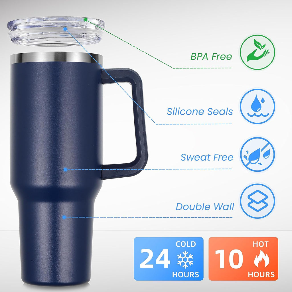 DOMICARE 40 oz Tumbler with Handle and Straw, Stainless Steel Tumbler with Lid and Straw, Reusable Vacuum Insulated Cup, Travel Coffee Mug, Navy Blue, 1Pack