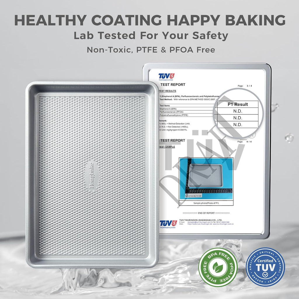 HONGBAKE Naturally Non Toxic Baking Sheet Pan Set of 3, Heavy Duty Aluminized Steel Cookie Sheets, Half/Quarter/Jelly Roll Pans with Textured Nonstick Surface, Free of PTFE & PFOA