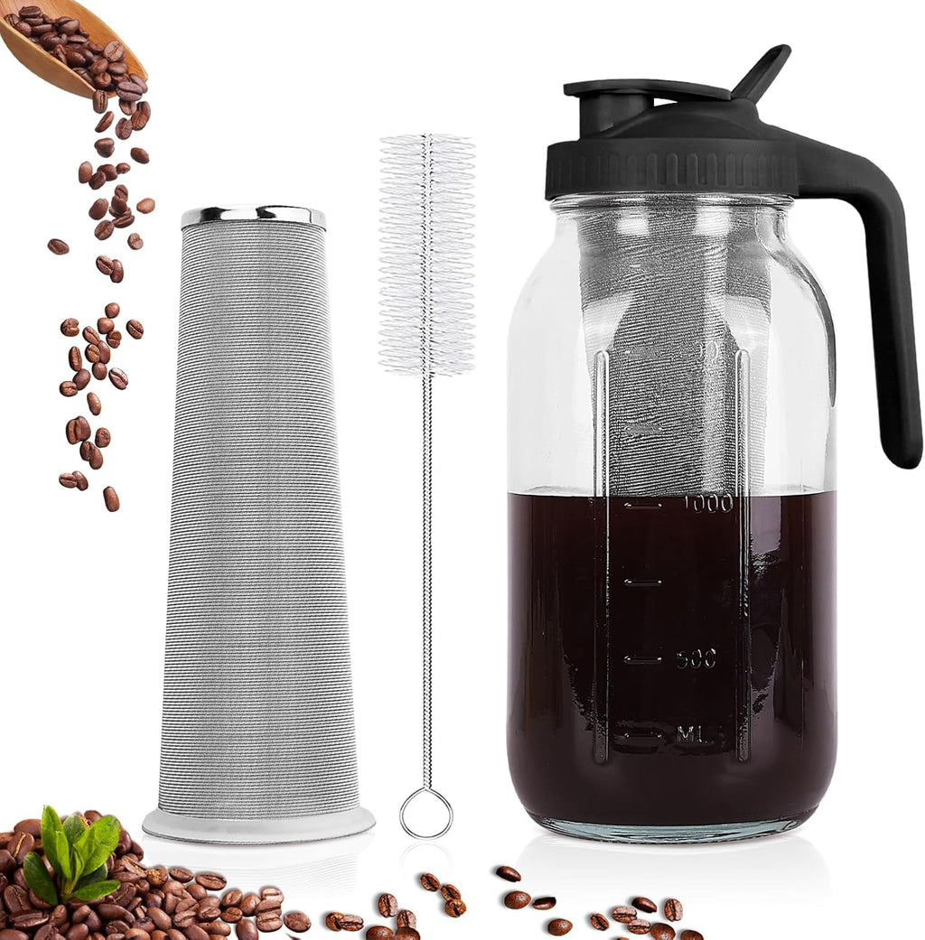 Cold Brew Coffee Maker,64 oz Mason Jar Pitcher with Stainless Steel Filter, Pour Spout Handle Lid, Heavy Duty Glass Airtight & Leak-Proof Pitcher for iced coffee Tea Lemonade