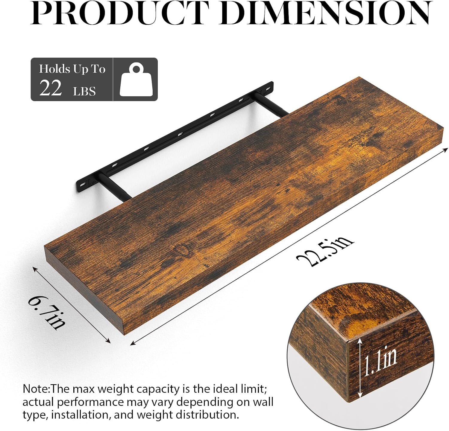 BAYKA Floating Shelves, 22.5 inch Rustic Wood Wall Mounted Shelves for Bedroom, Living Room, Kitchen & Office, Hanging Display Shelf with 22 lbs Capacity (Rustic Brown,Set of 2)