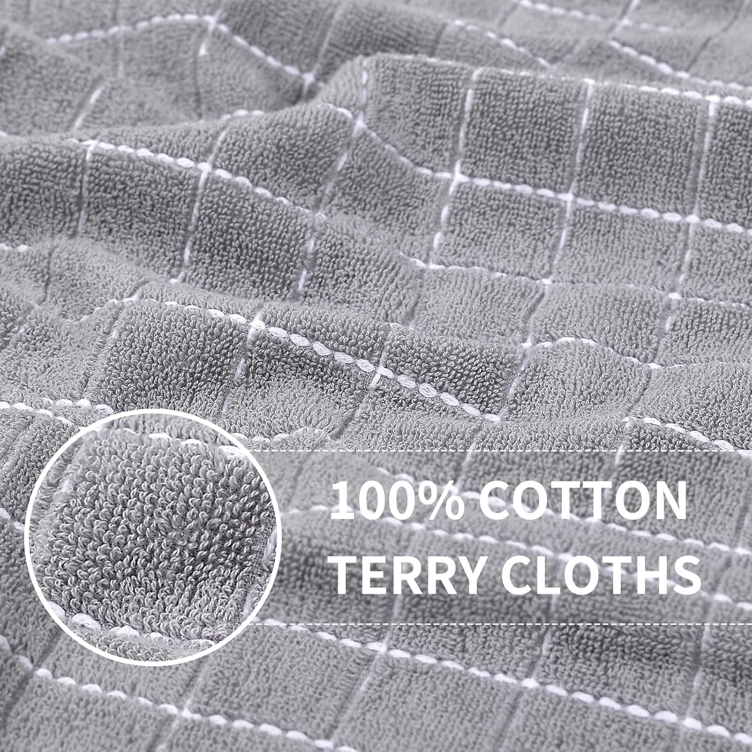 Homaxy 100% Cotton Terry Kitchen Towels(Light Grey, 13 x 28 inches), Checkered Designed, Soft and Super Absorbent Dish Towels, 12 Pack