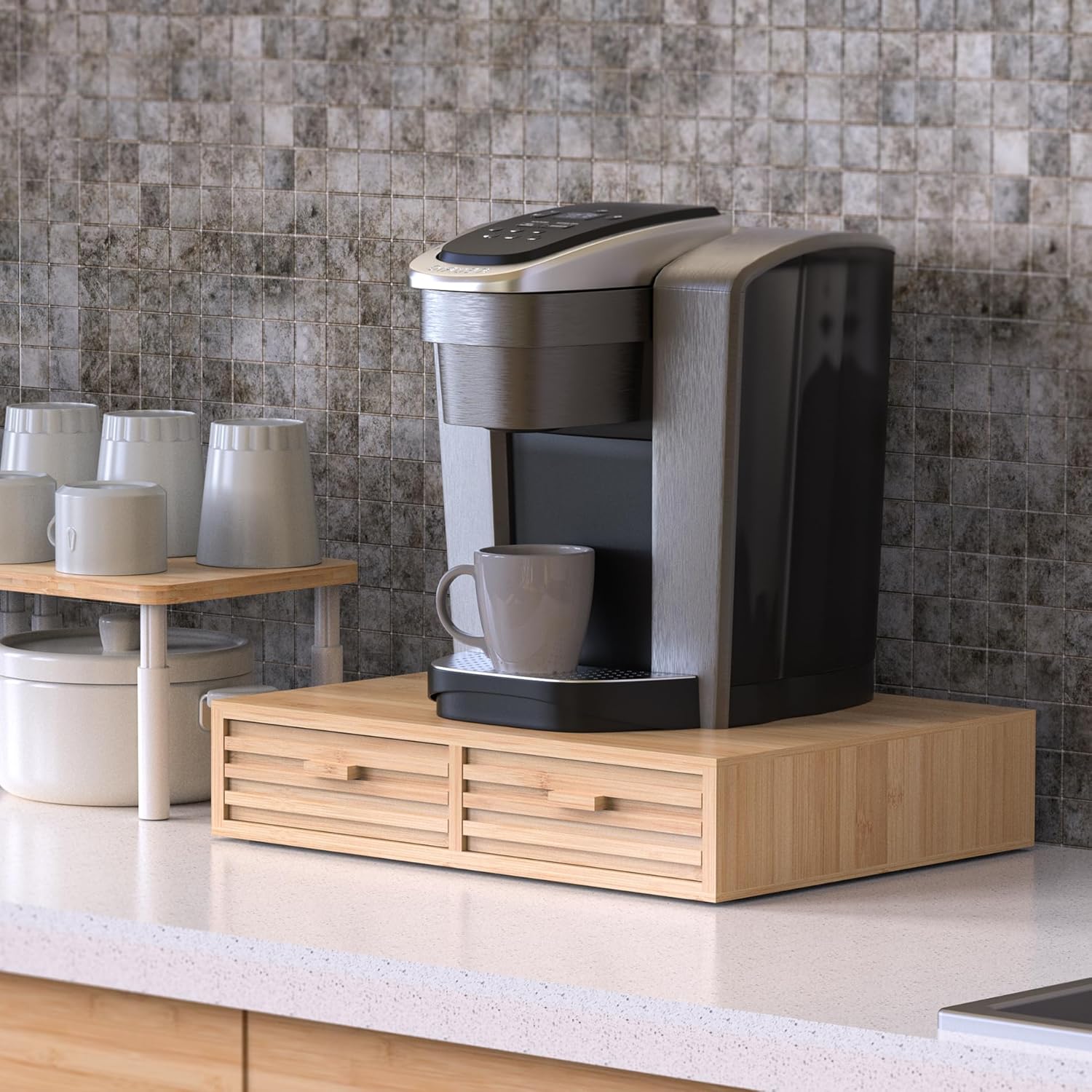 Bamboo K-Cup Pods Holder Organizer - 60 Pod Capacity with 2 Sliding Drawers & 2 Coffee Pod Holder Inserts, Elegant Tea Bag Storage Box for Home, Office & Kitchen Countertop (39.4"x8.2"x8.2")