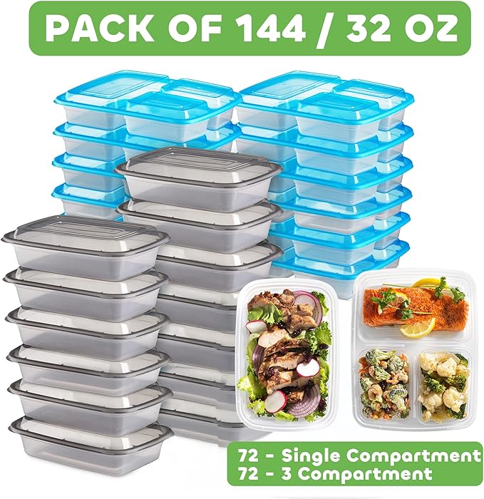 Food Storage Containers With Lids - (144 Pack-32 Oz) 72- 3 Compartment Meal Prep Containers Reusable Or Disposable & 72- Single Food Storage Bento Boxes, Bpa Free, Microwave, Freezer, Dishwasher Safe