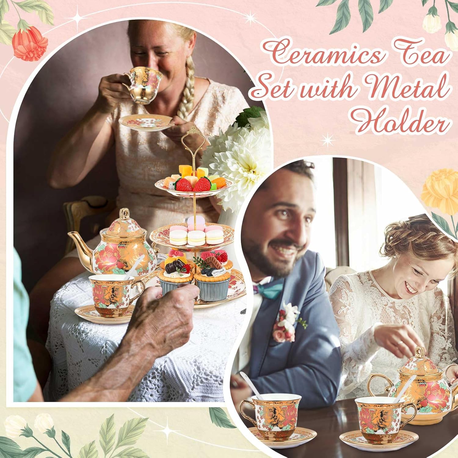 Maxcheck 21 Pcs Tea Party Set for Adults European Floral Tea Set with Metal Holder and 3 Tier Ceramic Cake Stand Porcelain Flower Cup Teapot for Dessert Cupcake(Vintage Style)