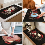 17"x 32" Coffee Bar Mat, Halloween Skull Flower Absorbent Dish Drying Mat Cuttable Hide Stain Draining Table Pad for Kitchen Counter, Coffee Bar Accessories