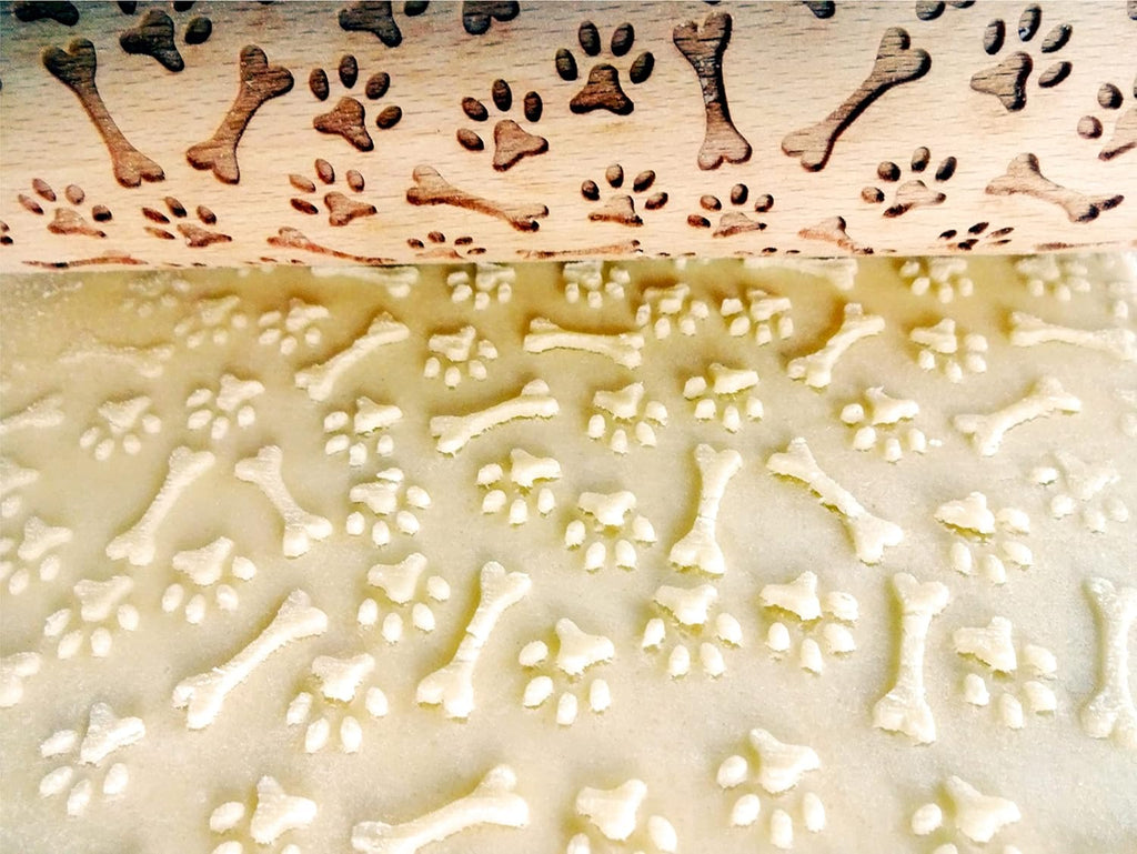 PAW and BONE EMBOSSING ROLLING PIN LASER ENGRAVED PATTERN with PAWS and BONES for EMBOSSED COOKIES or PASTA
