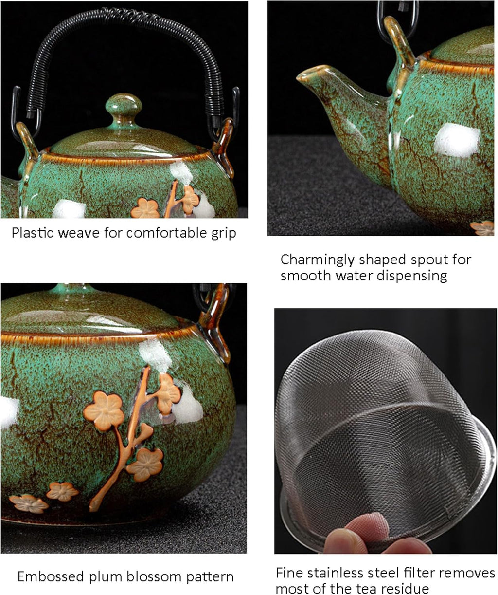 KEYDUACU Japanese Tea Set, Kiln-Formed Ceramic Tea Set, Plum Blossom Embossed, Includes 1 Teapot, 6 Teacups,Tea Tray,Strainer, Used for home, outdoor, gift, Chinese Kung Fu Tea Set(FDMH-GREEN)