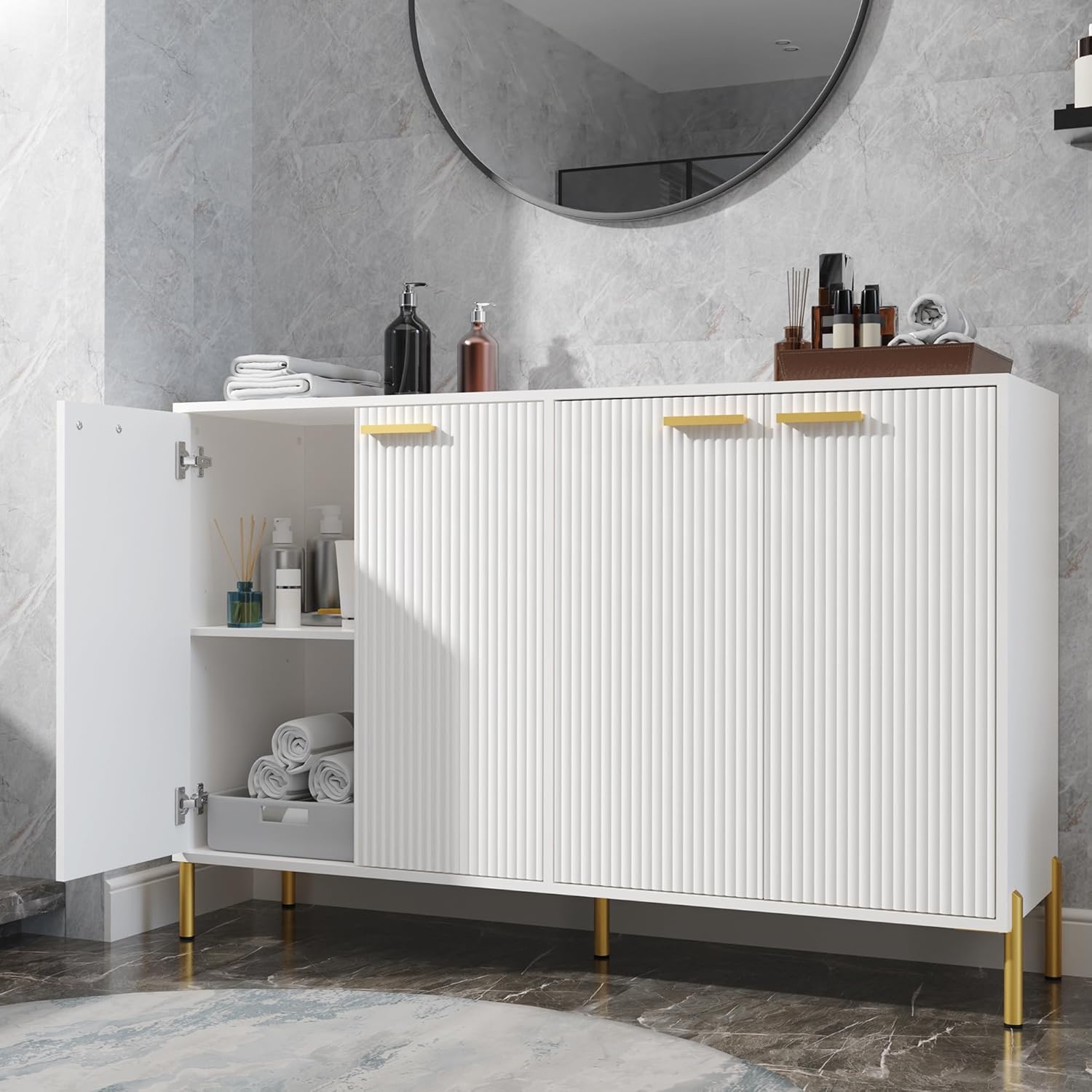 White Fluted Sideboard Cabinet - Luxury Buffet Table with 4 Doors, Large Coffee Bar Station for Living Room, Kitchen, Hallway, Entryway Storage