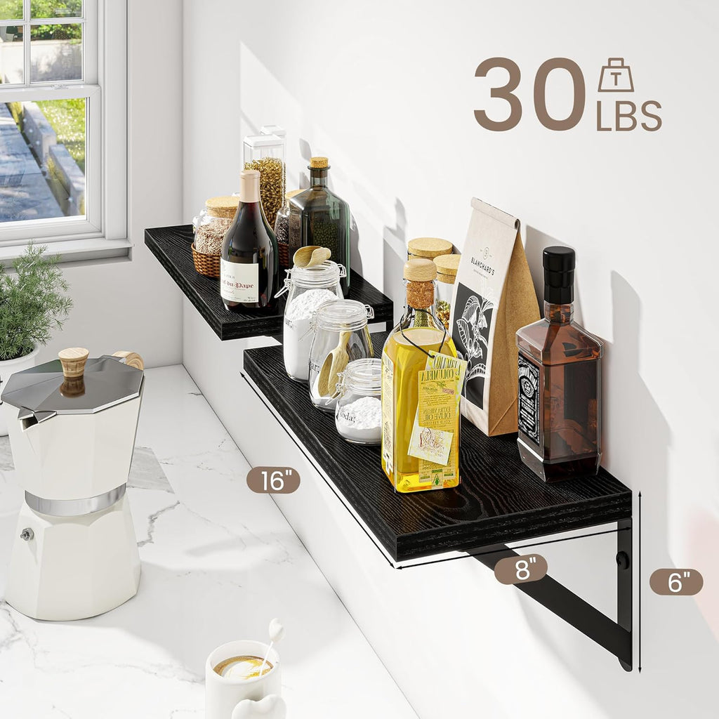Dreamland Deep Floating Shelves for Wall, 16W x 8D Wall Mounted Shelves Set of 2, Floating Shelves Bedroom with Sturdy Metal Brackets for Living Room, Bathroom and Kitchen, Black