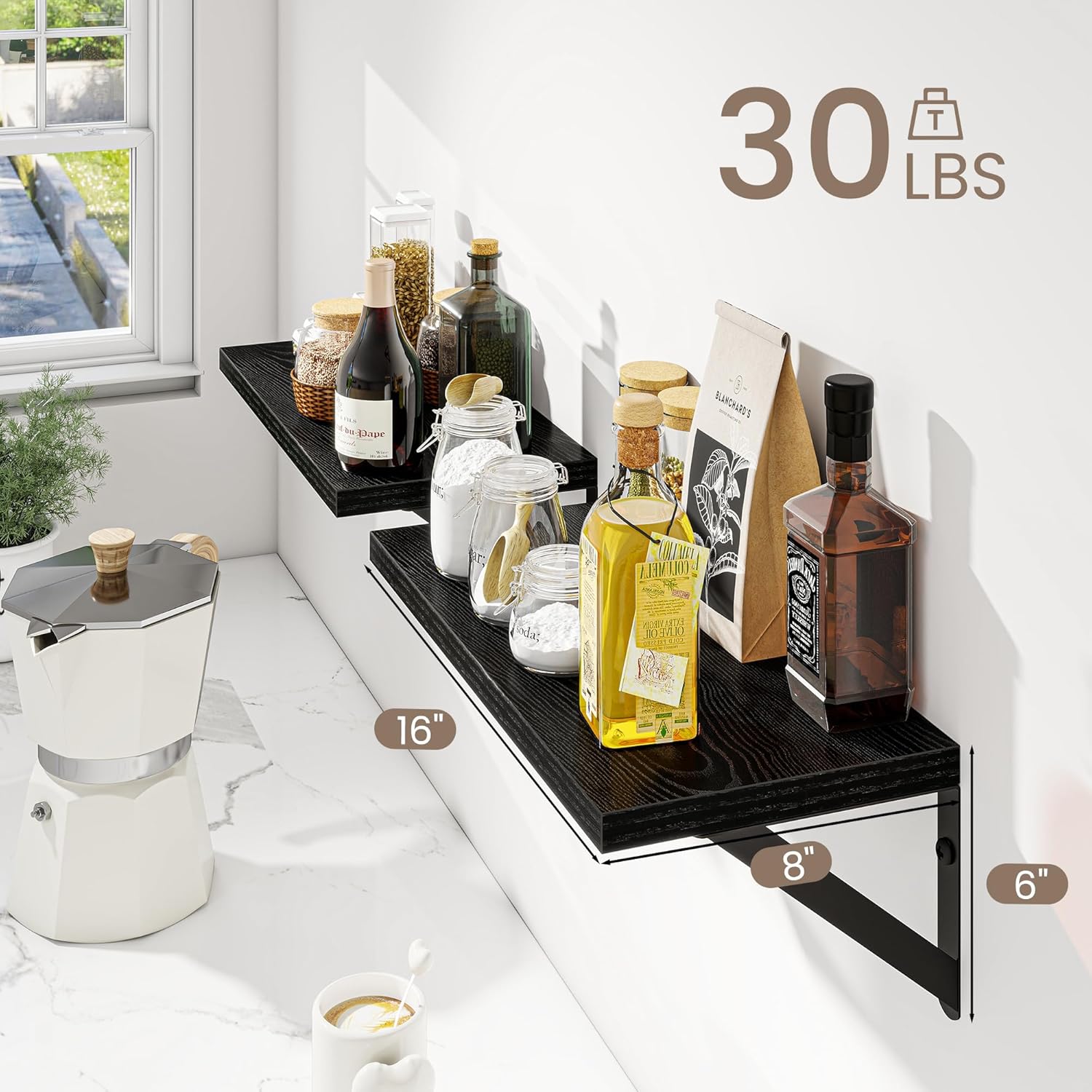 Dreamland Deep Floating Shelves for Wall, 16W x 8D Wall Mounted Shelves Set of 2, Floating Shelves Bedroom with Sturdy Metal Brackets for Living Room, Bathroom and Kitchen, Black