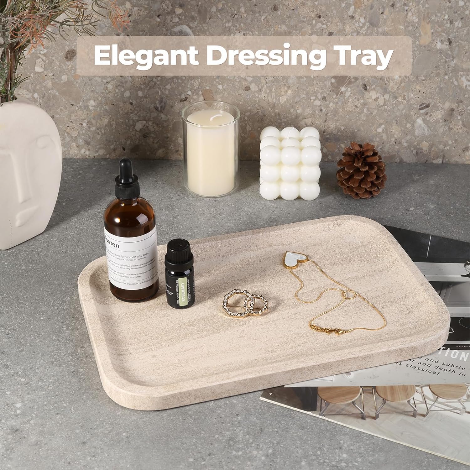 Marble Vanity Tray, Bathroom Tray Countertop, Decorative Dresser Organizer, Perfume, Jewelry Holder, Beige Stone Serving for Kitchen Sink Storage(MOCA Cream)