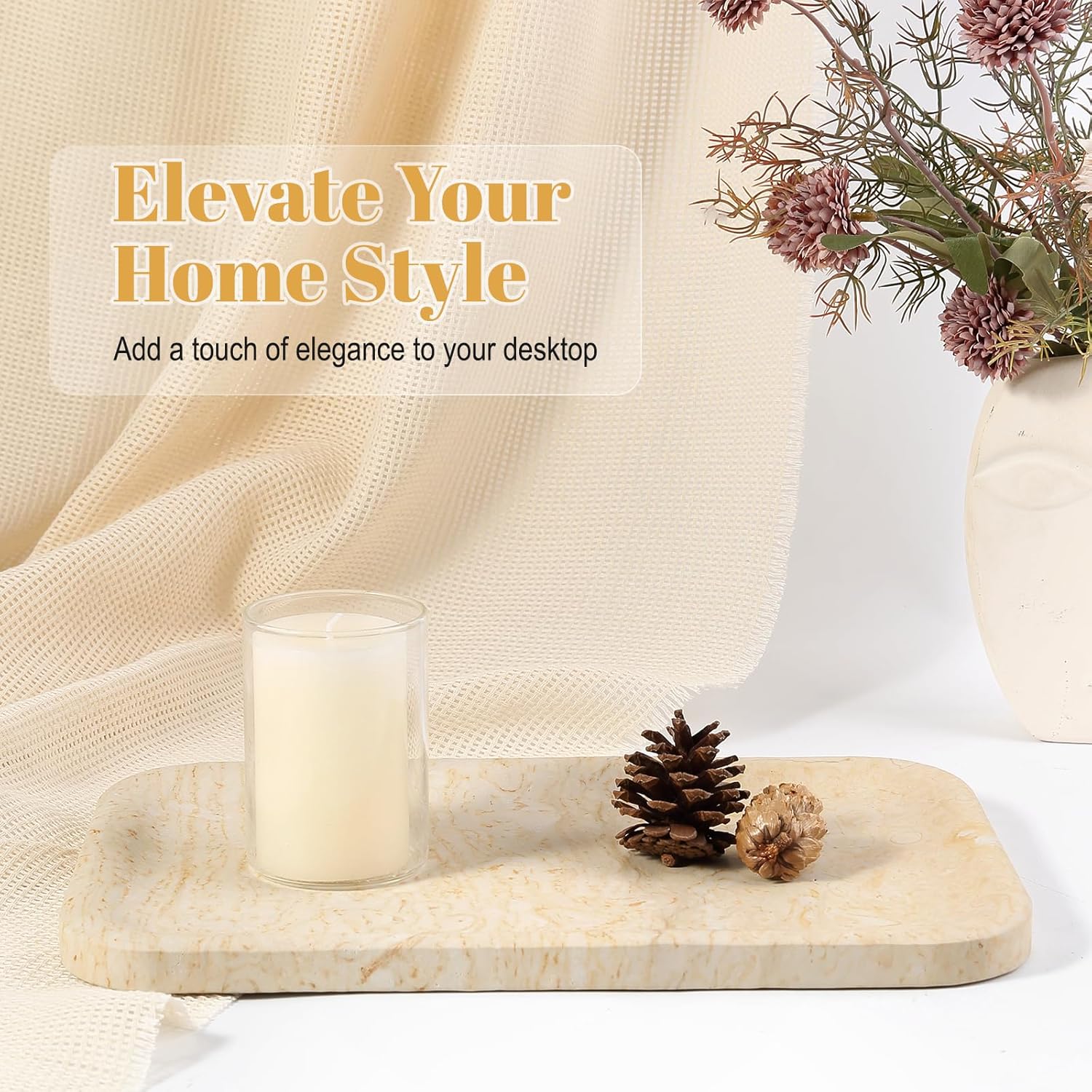 Koville Marble Tray, 12"x8" Marble Vanity Tray for Bathroom Kitchen Countertop, Rectangular Stone Tray for Cosmetics Perfume Trinket, Decorative Catchall Trays (Beige)