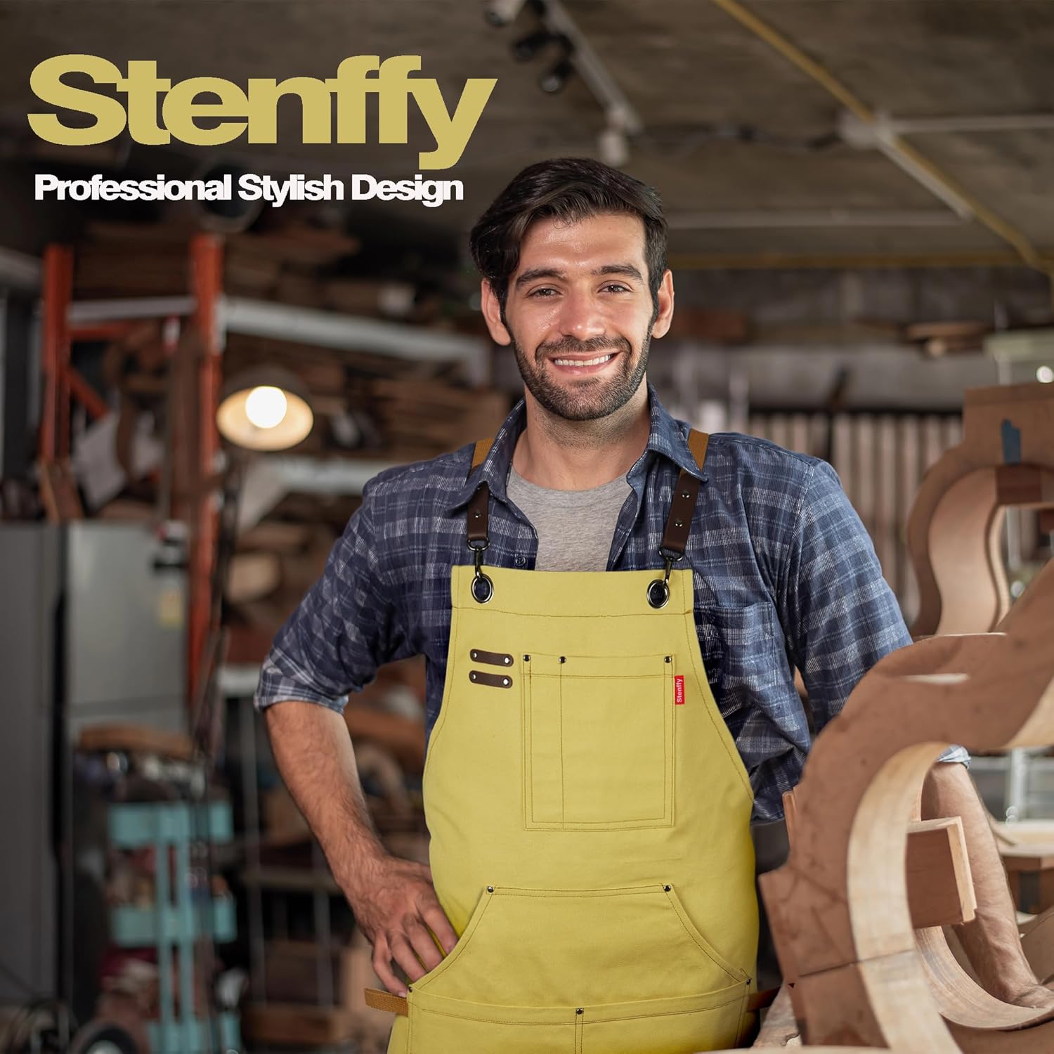 10 Pack Kitchen Apron, Work Apron, Canvas, Multiple Pockets, Gardening, Painting, BBQ, Artist, Carpenter, Sizes M to XXL, Amber