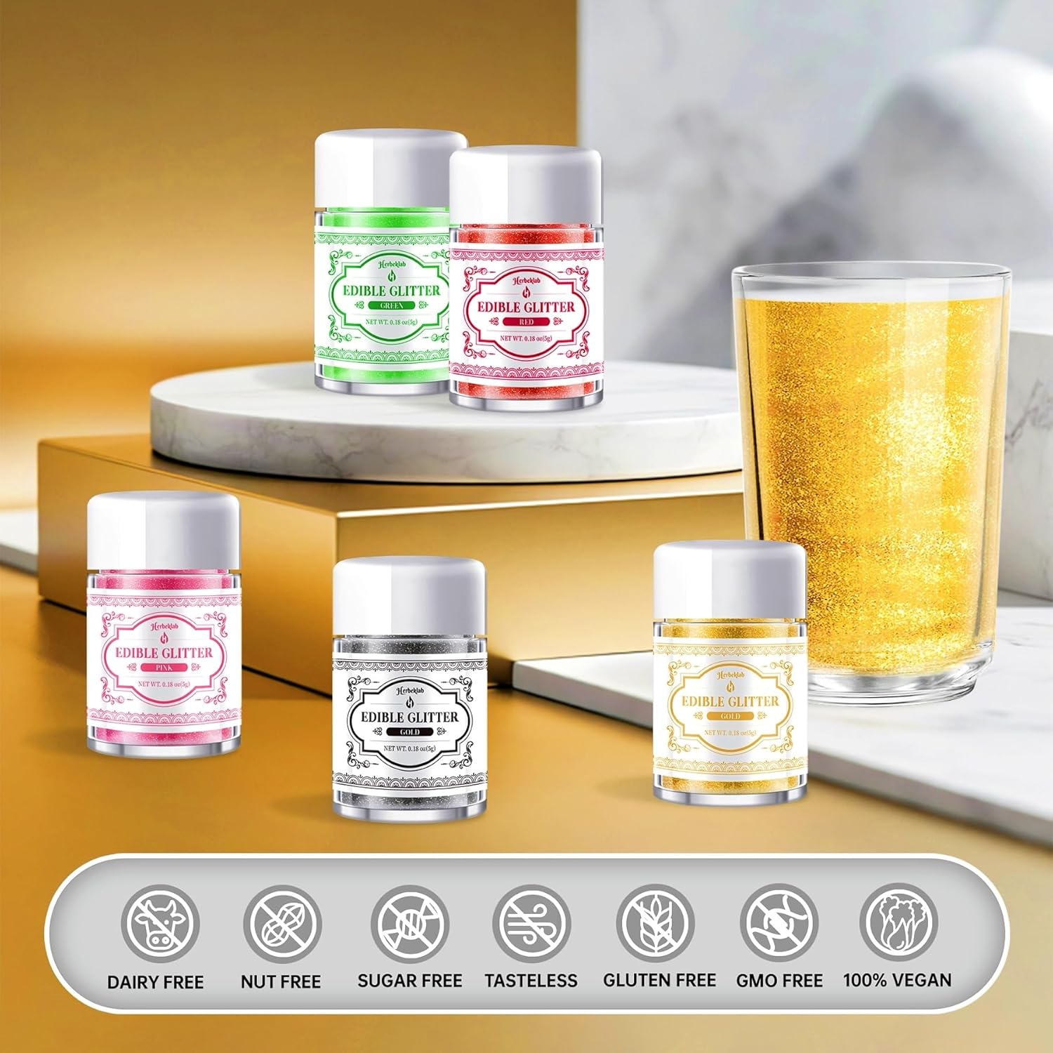 Edible Glitter for Cocktails - 5 Colors Luster Dust Edible Drink Glitter Food Grade Metallic Shimmer Powder for Beverage Chocolate, 5g/Bottle