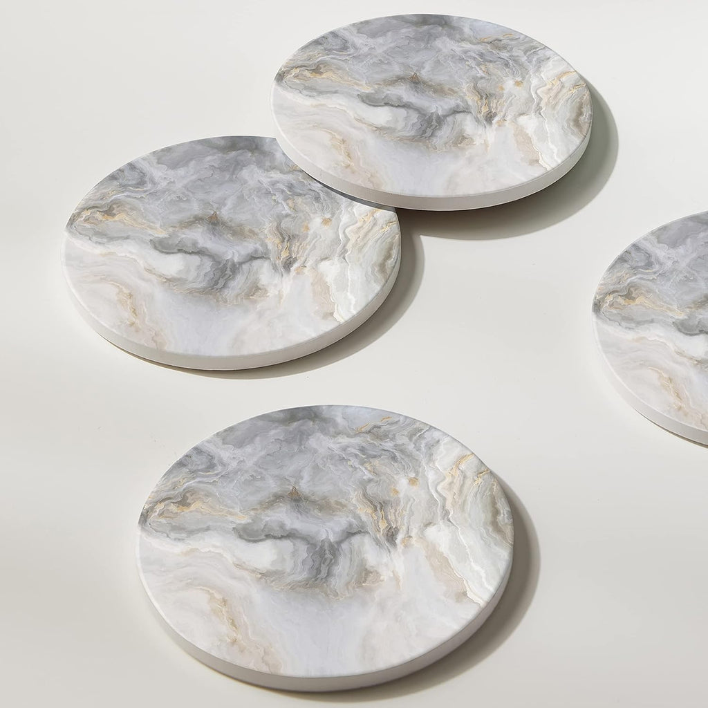 Set of 6 Abstract Gray White Marble Coasters with Holder, Absorbent Ceramic Coasters for Drinks, Coasters with Cork Backing for Table Protection, Housewarming Gifts for New Home