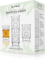 Final Touch Tiki Shot Glasses Set of 4 - Kanaloa, Lono, Kū, Kāne Designs, 2 oz (60 ml), Clear, Stackable Totem Pole Storage, Durable Glassware for Tropical Shots (TK5301)