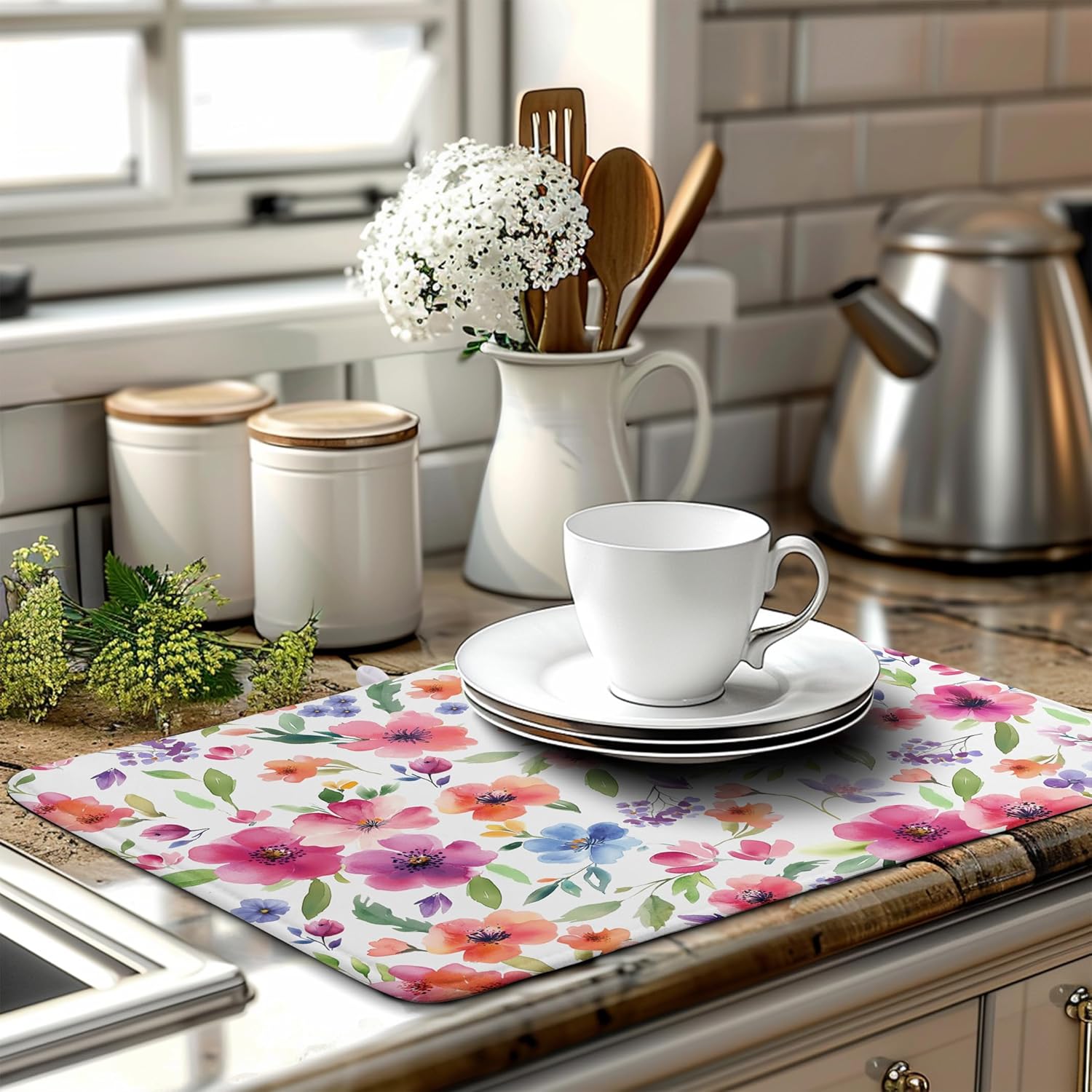 Spring Floral Dish Drying Mat Flowers Summer Kitchen Mat Dish Drying Pad Absorbent Dish Dryer Mat for Kitchen Countertops Microfiber Dishes Drainer Pad Dish Drying Rack Mat (18x24 in)