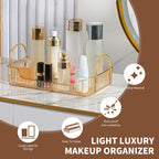 YCIA&DONE Bathroom Organizer Countertop, Makeup Storage, Skincare Cosmetic Tray Shelf, Perfume Holder Rack for Vanity Counter, Large Capacity, Easy to Install, Clean, 1 Tier, Amber Gold
