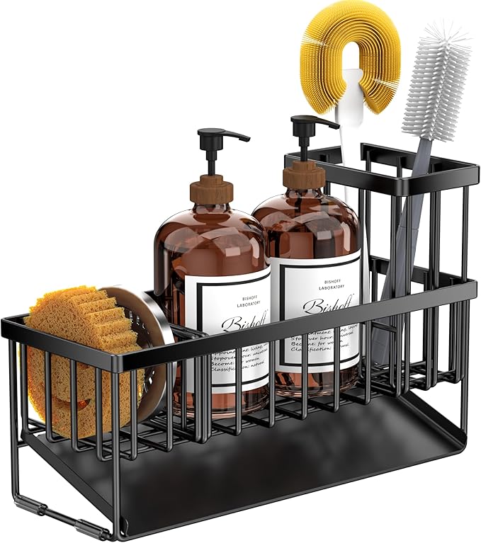 Cisily Extra Large Kitchen Sink Caddy Organzier with High Brush Holder, Sponge Holder for Sink, 304 Rustproof Stainless, Kitchen Countertop Soap Dispenser Organizer For Decor and Accessories
