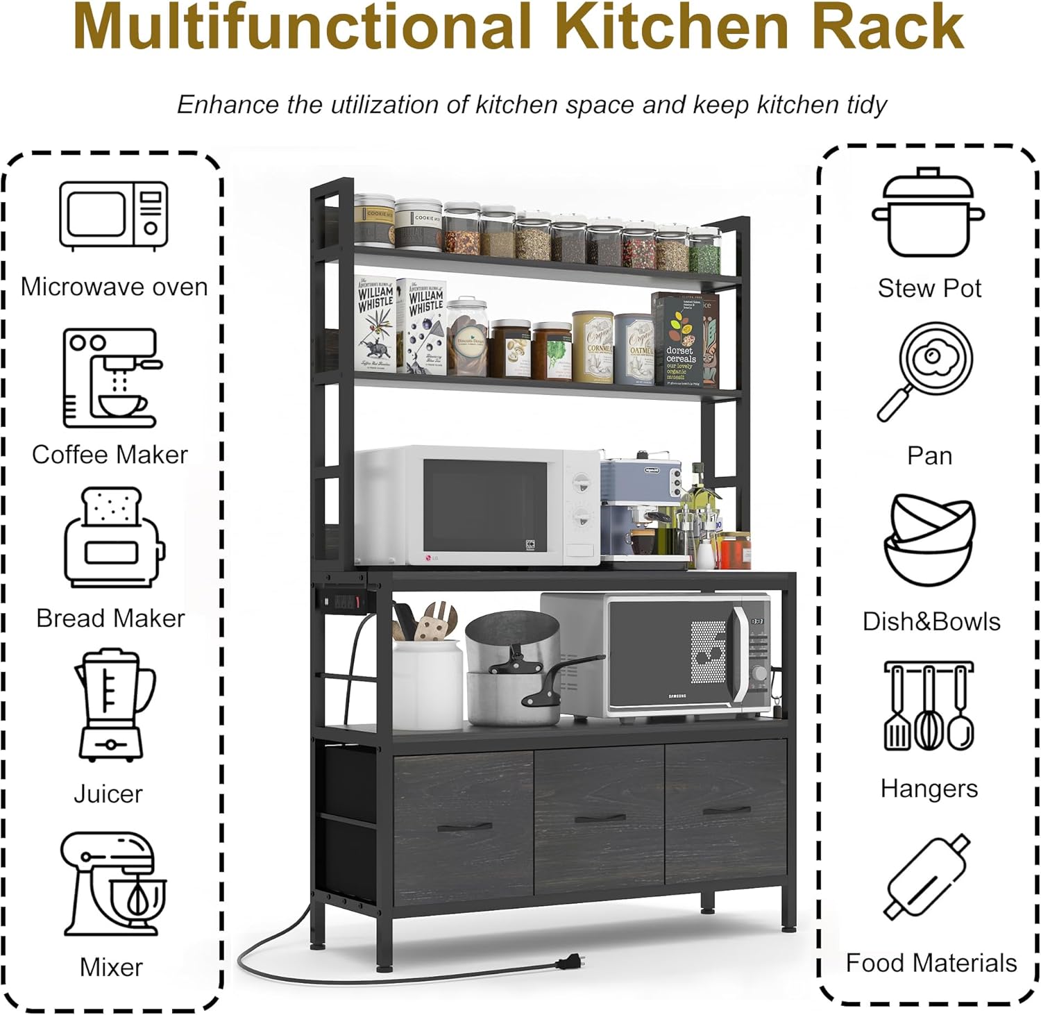 Bakers Rack with Power Outlet,5-Tier Free Standing Kitchen Storage Shelf Bakers Rack with Baskets,Industrial Microwave Oven Stand,Metal Kitchen Rack Organizer with Hooks(Black)