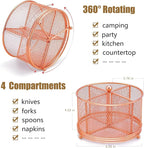 360 Rotating Metal Utensil Caddy - 4 Compartment Silverware Cutlery Holder Fork Spoon Napkin Organizer Flatware Storage Basket Party Countertop Buffet Picnic Camping Outdoor Rose Gold Pink