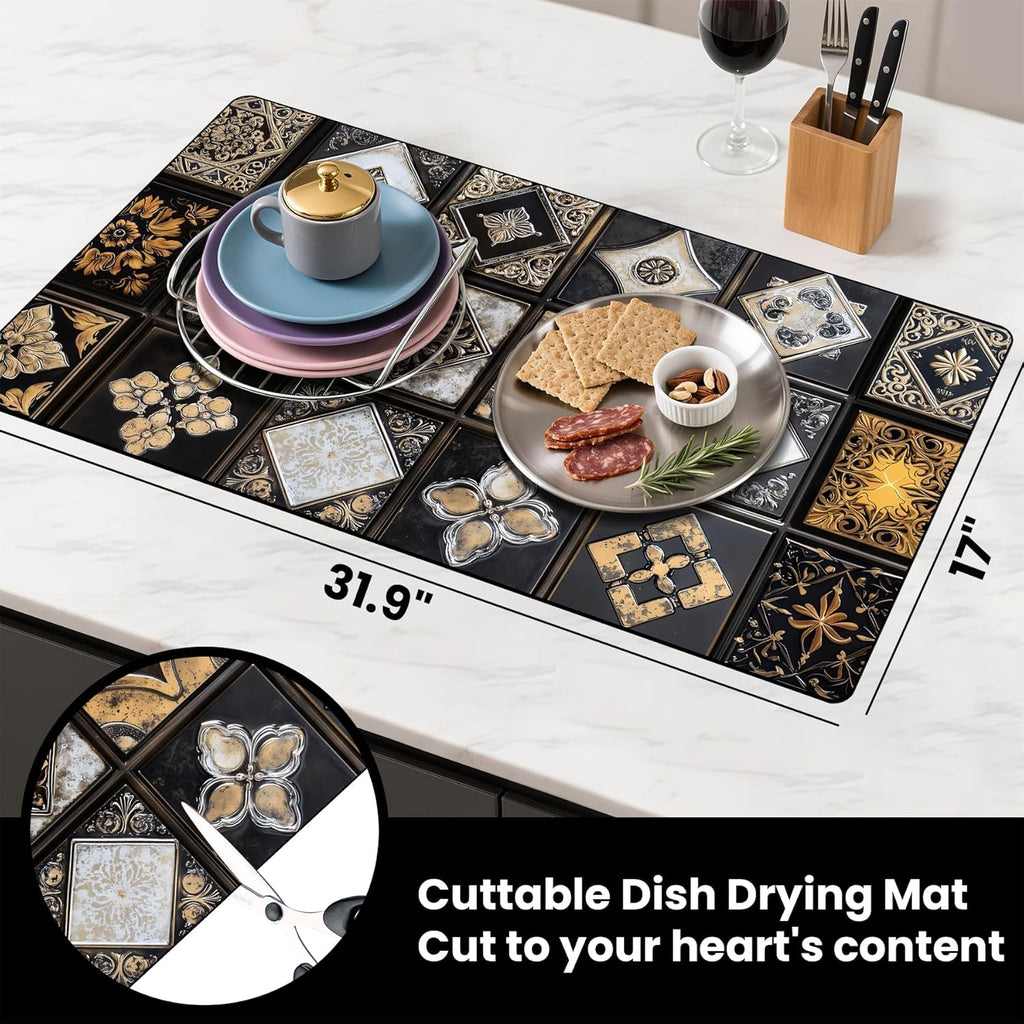 17"x 32" Coffee Bar Mat, Gingham Absorbent Dish Drying Mat Cuttable Hide Stain Draining Table Pad for Kitchen Counter, Coffee Bar Accessories