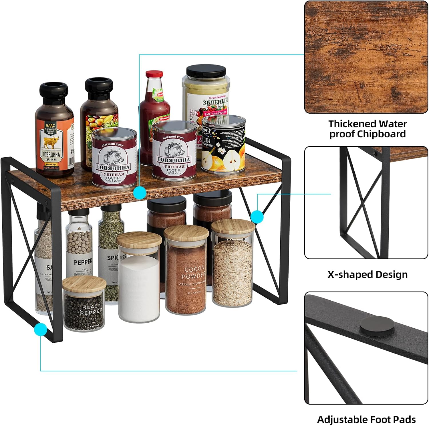 Giikin Countertop Shelf Organizer, Cupboard Stand Spice Rack, Retro Style Cabinet Shelf for Pantry, Kitchen, Bathroom, Reading Room, Bedroom to Save Space (7.8" D x 15.7" W x 9.4" H, Rustic Brown)