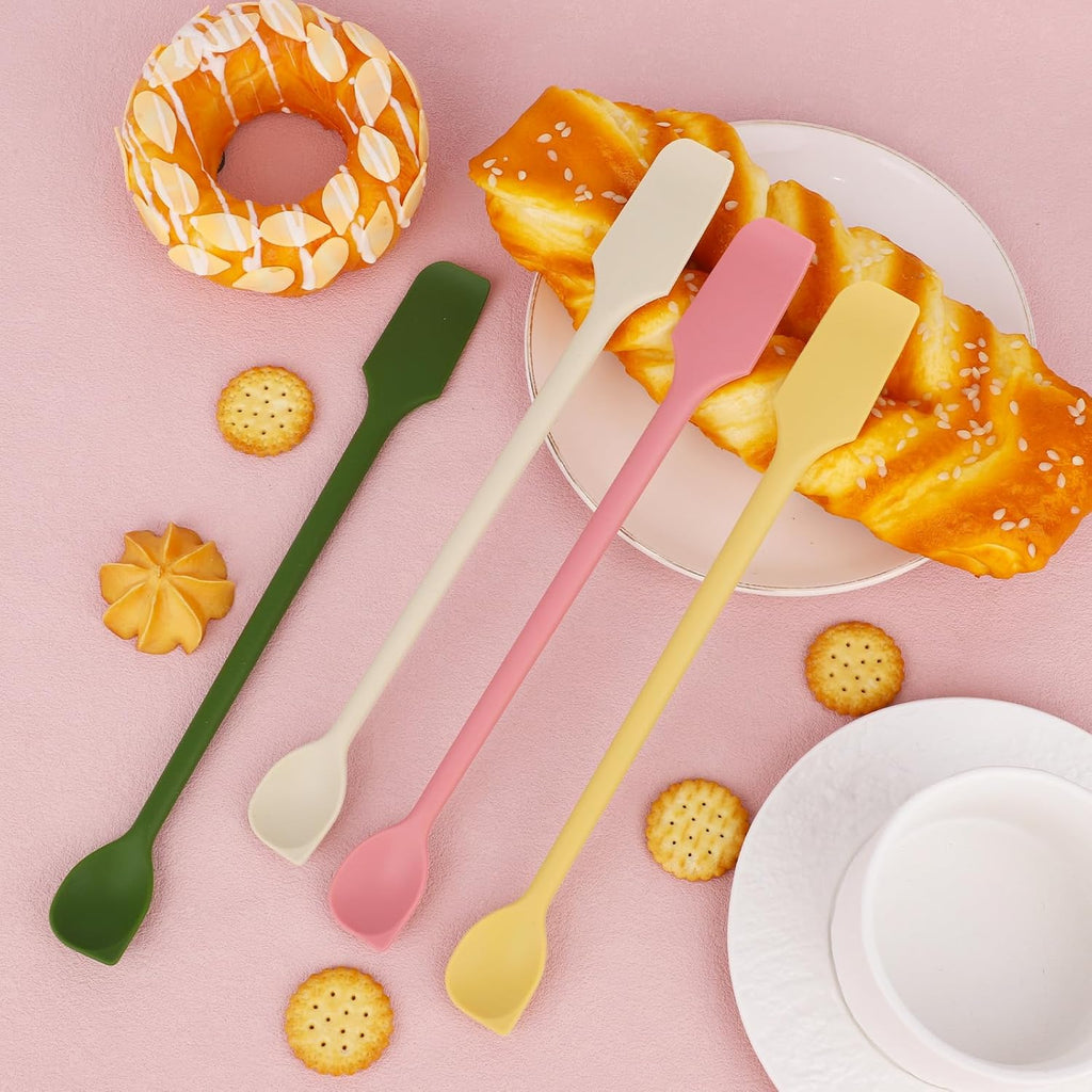 4pcs Mini Silicone Spatulas Set, Dual Sided Multifunctional Small Kitchen Scraper Long Spoon Reusable Stirrer for Jam Cake Cream Butter Icing Lotion (4 Colors)