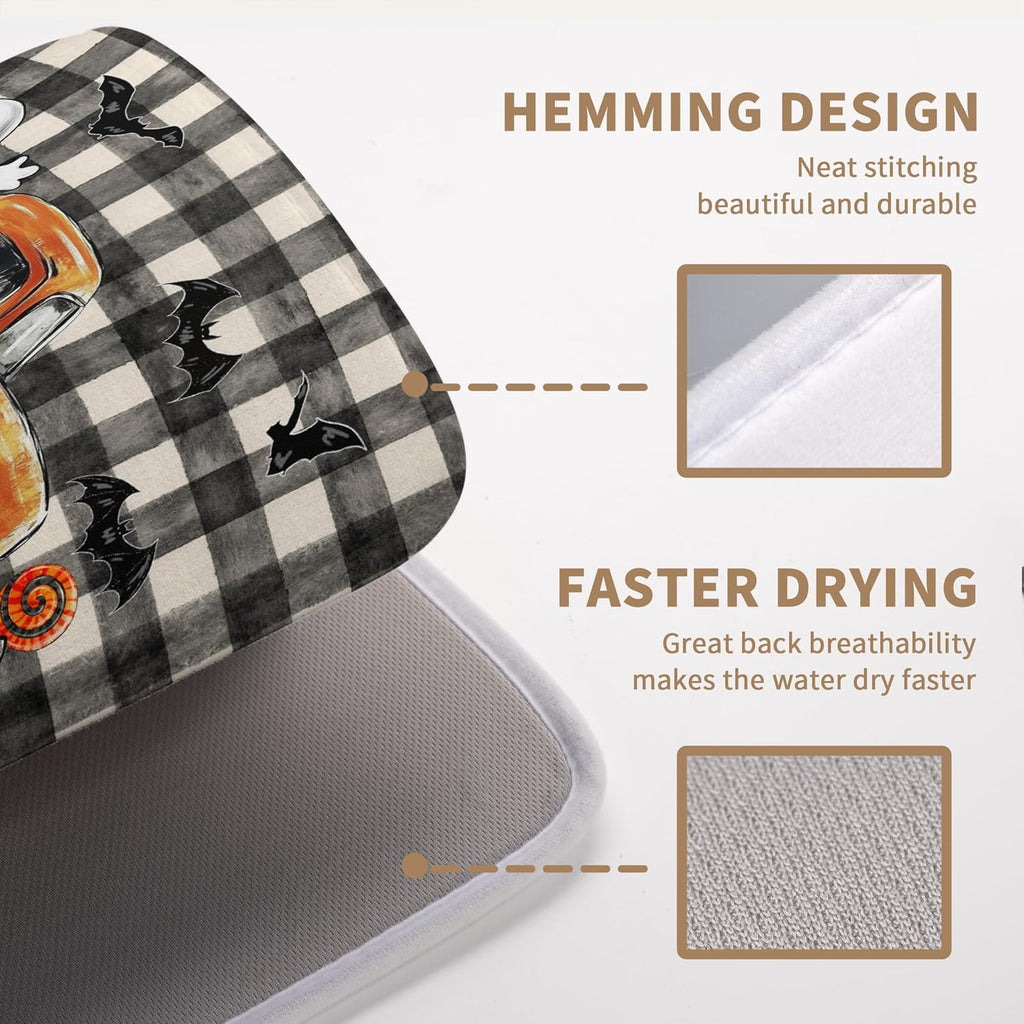 Halloween Buffalo Plaid Dish Drying Mat Fall Pumpkin Rustic Large Kitchen Mats Dish Drying Pad Absorbent Dish Dryer Mat for Kitchen Countertops Microfiber Drainer Pad Dish Drying Mats (18x24 in)