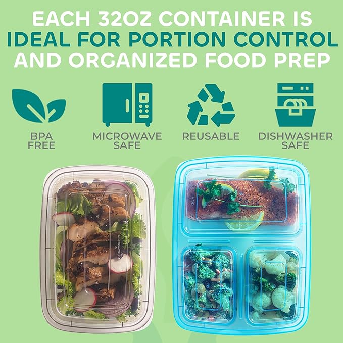 Food Storage Containers With Lids - (144 Pack-32 Oz) 72- 3 Compartment Meal Prep Containers Reusable Or Disposable & 72- Single Food Storage Bento Boxes, Bpa Free, Microwave, Freezer, Dishwasher Safe