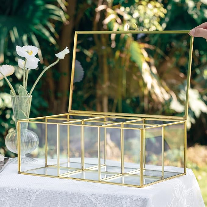 NCYP Glass Tea Bags Organizer Box, 11.4" x 7.1" x 4.5" Coffee Bag Storage Box, 6 Grids Compartments Handcrafted Brass Jewelry Counter, Display Case, Handmade (Glass Box Only)